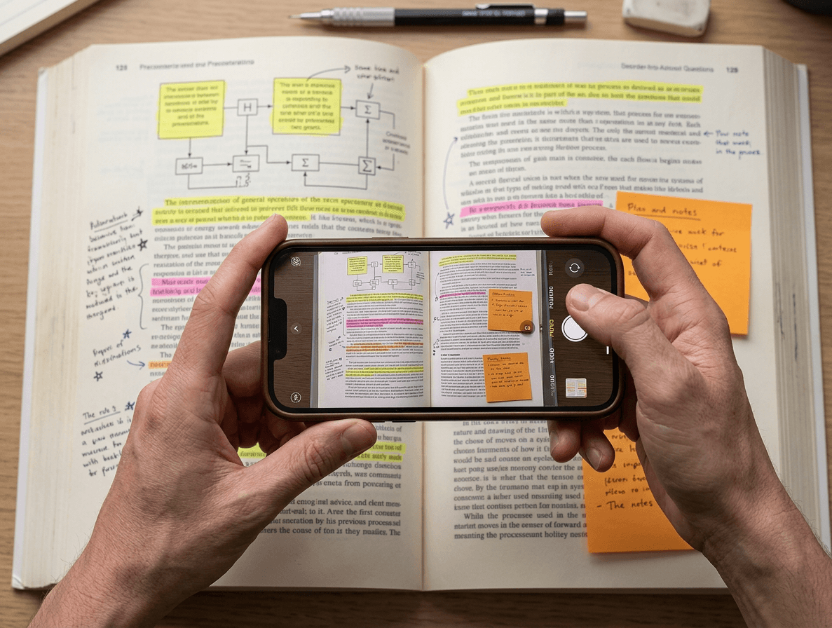 Persona fotografiando subrayados de un libro con su celular